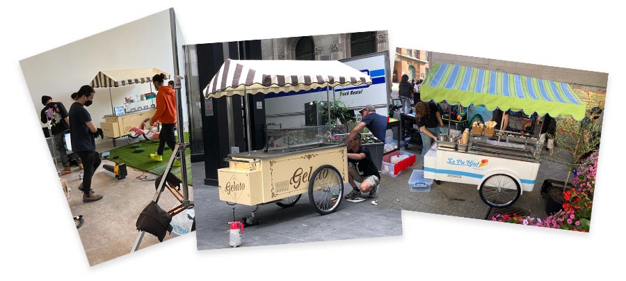 Collage of photos showing the vintage gelato cart on a movie set and photoshoot