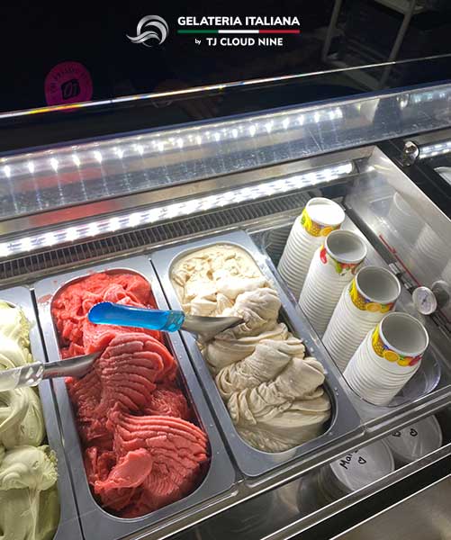 Close up of three gelato flavours in cart